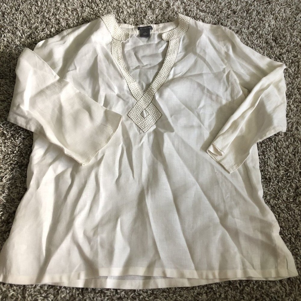 Ann Taylor Off White Beaded 100% Linen Long Sleeve V Neck Popover Tunic Top SZ 4 - Picture 1 of 8